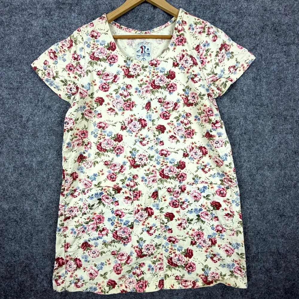 Vintage Studio 25 House Dress Womens Large Off White Floral Cottagecore Romantic